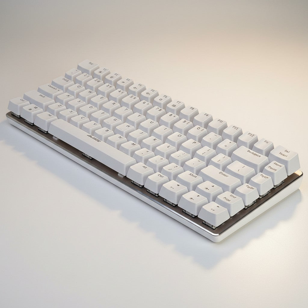 Frost Gaming 82-key white mechanical gaming keyboard with RGB lighting options and plastic construction.