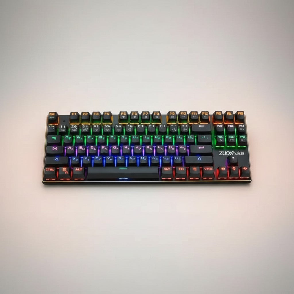 Frost Gaming 87-key mechanical keyboard with RGB backlighting and Russian letters. Features Green and Red Axis switches.