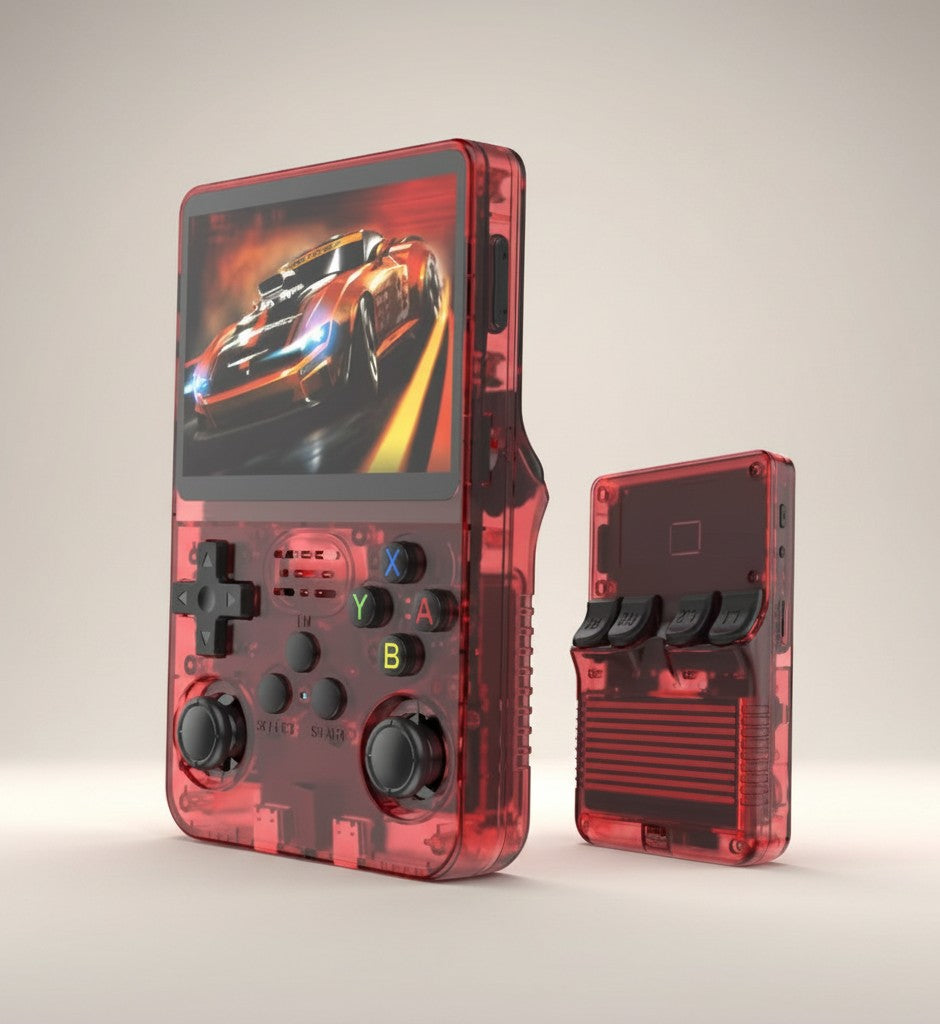 Frost Gaming ArcadeMaster Pro 3D Dual System Gaming Console, transparent red plastic, with D-pad, analog sticks, and buttons. 128GB storage.