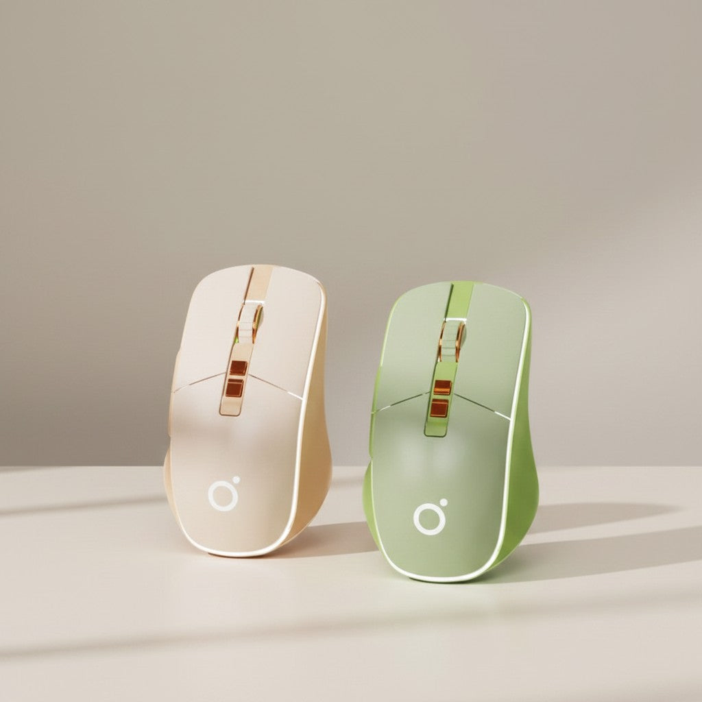 Frost Gaming SilentPro G308 wired gaming mouse in milk tea color and matcha color with 5 customizable buttons.