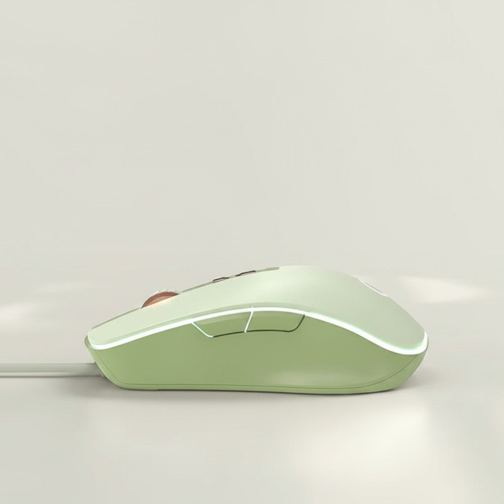 Frost Gaming G308 wired gaming mouse in light green with 5 customizable buttons and adjustable DPI settings.
