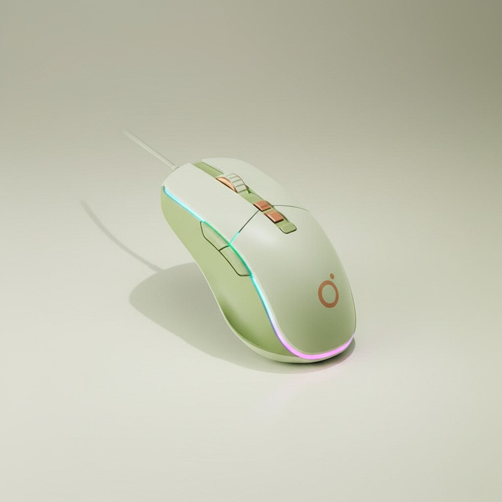 Frost Gaming SilentPro G308 wired gaming mouse in matcha green and white with RGB lighting and 5 customizable buttons.