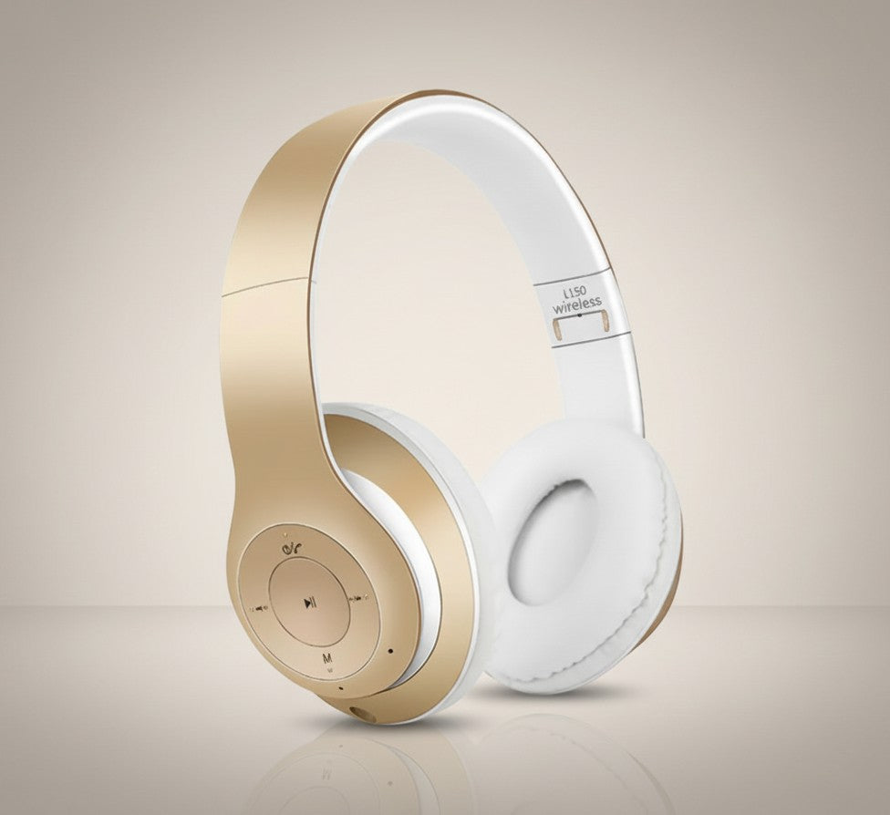 Frost Gaming gold and white foldable Bluetooth gaming headset with volume and playback controls on ear cup.