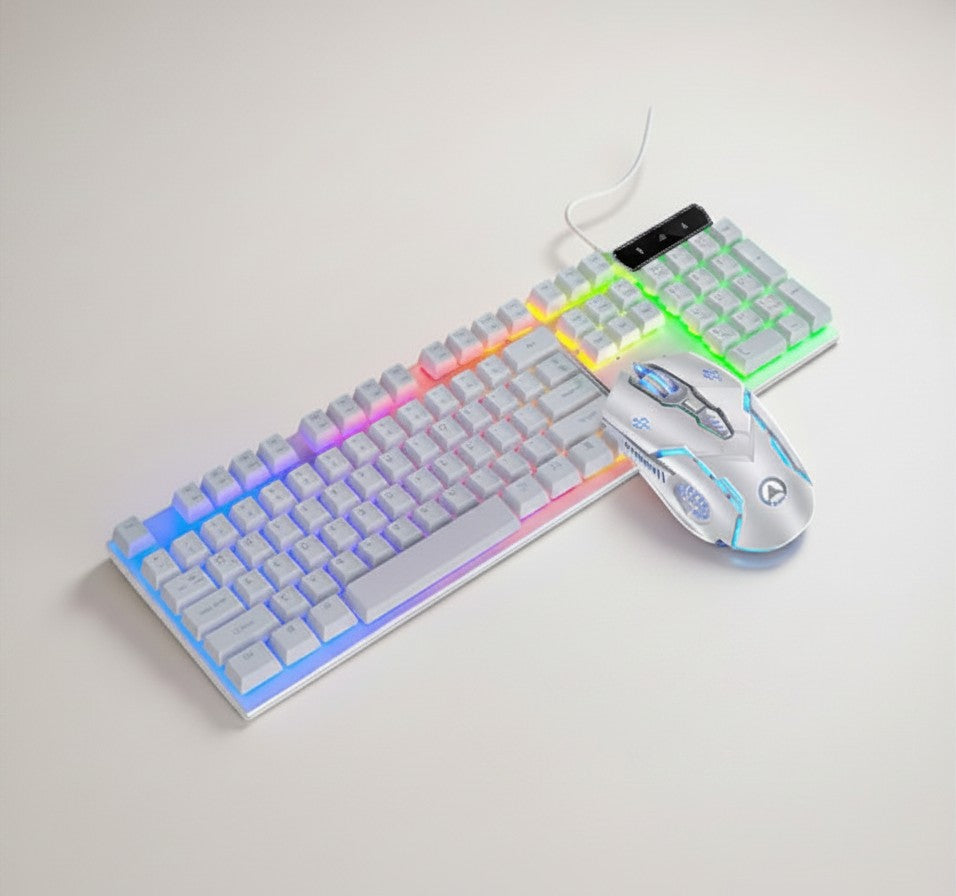 Frost Gaming wired keyboard and mouse set with RGB backlighting and mechanical feel keys. Includes a free mousepad.