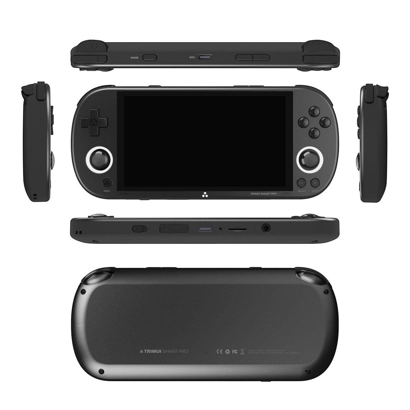 Frost Gaming portable retro gaming console with D-pad, buttons, and screen. Black plastic.