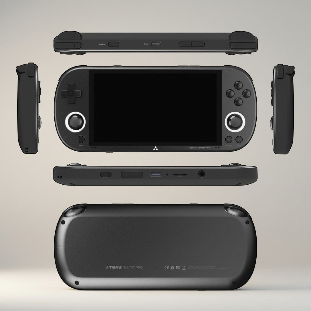 Frost Gaming portable retro gaming console in black, featuring a screen, D-pad, buttons, and analog sticks. Includes MP4 player.