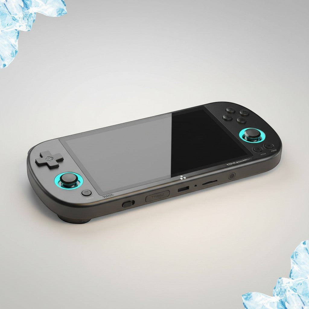 Frost Gaming portable retro gaming console with black casing and teal accents. Features a large screen and D-pad.