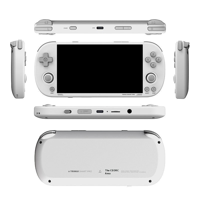 Frost Gaming portable retro gaming console, white, with D-pad, analog sticks, and buttons. Features MP4 player.