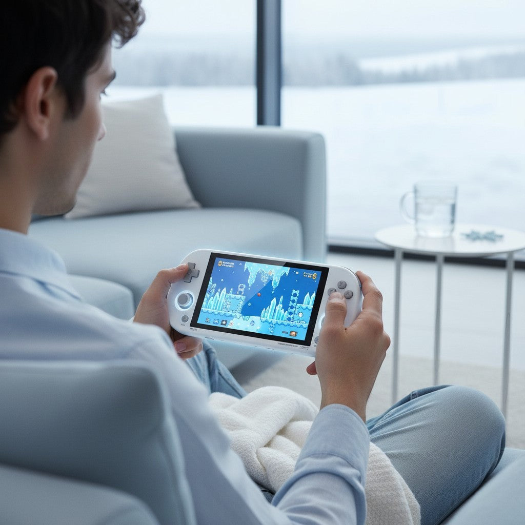 Frost Gaming portable retro gaming console, white, with D-pad, analog sticks, and buttons. Features MP4 video player.