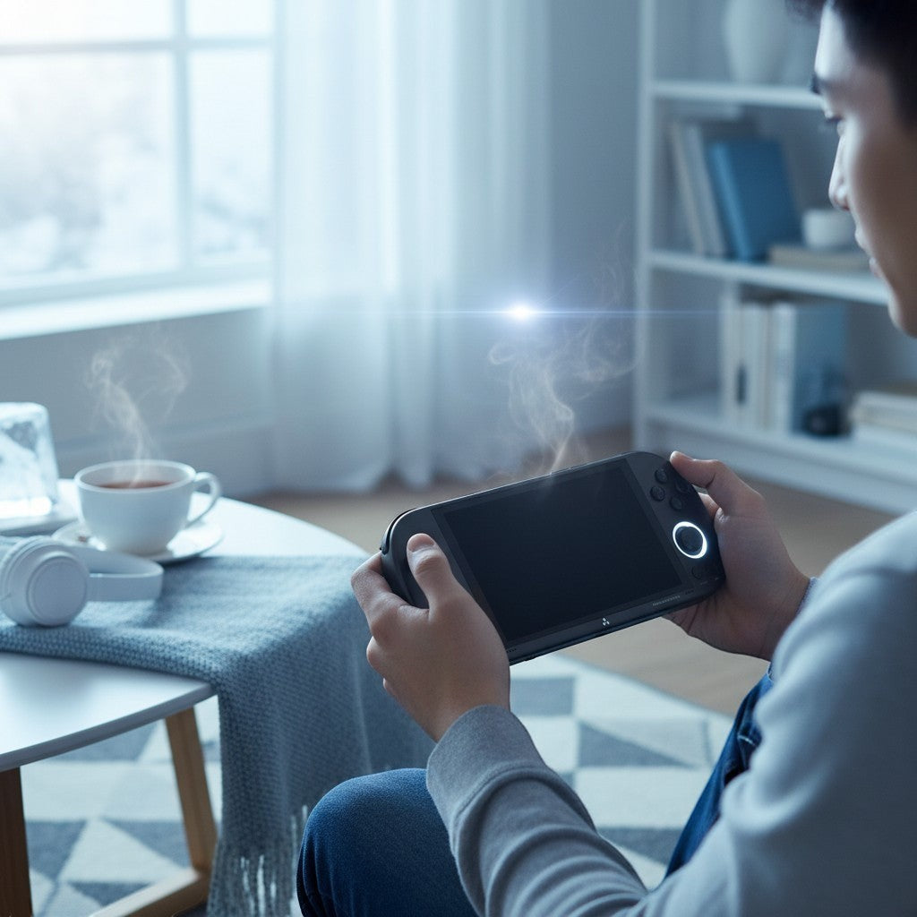 Frost Gaming portable retro gaming console with D-pad, buttons, and screen. Black plastic.