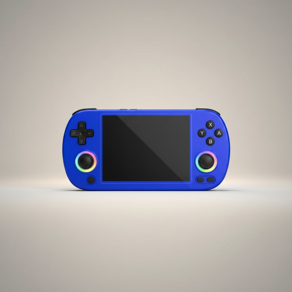 Frost Gaming blue retro pocket gamer handheld console with a vibrant screen and rainbow-lit joystick.