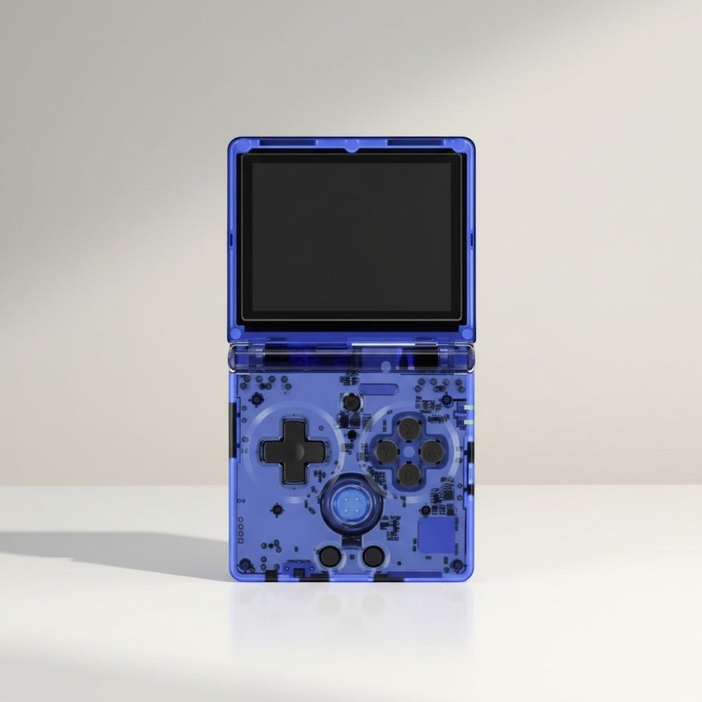 Frost Gaming RetroFlex transparent blue folding retro game console with visible internal components and black buttons.