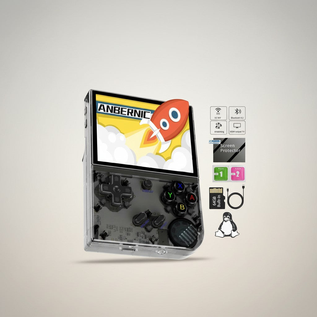 Frost Gaming RG35XX Plus black transparent retro handheld game console with 3.5 inch IPS screen, D-pad, buttons, and included accessories.
