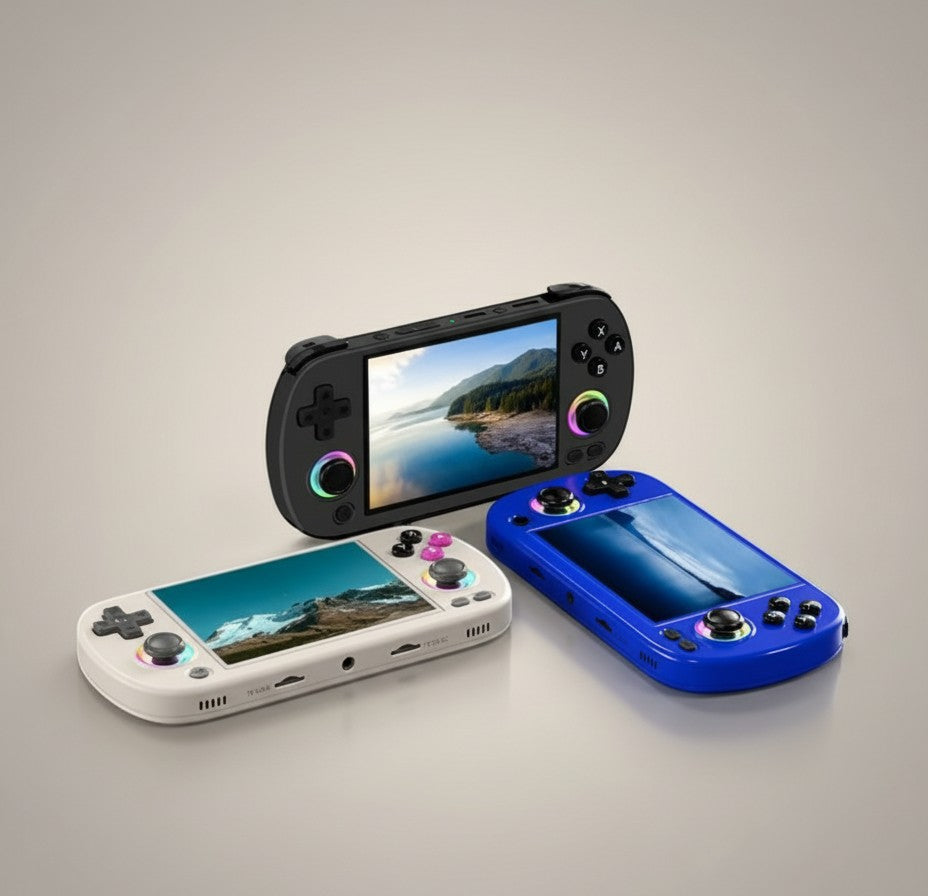 Frost Gaming RG40XXH WiFi wireless handheld gaming console in black, white, and blue with RGB lighting effects.