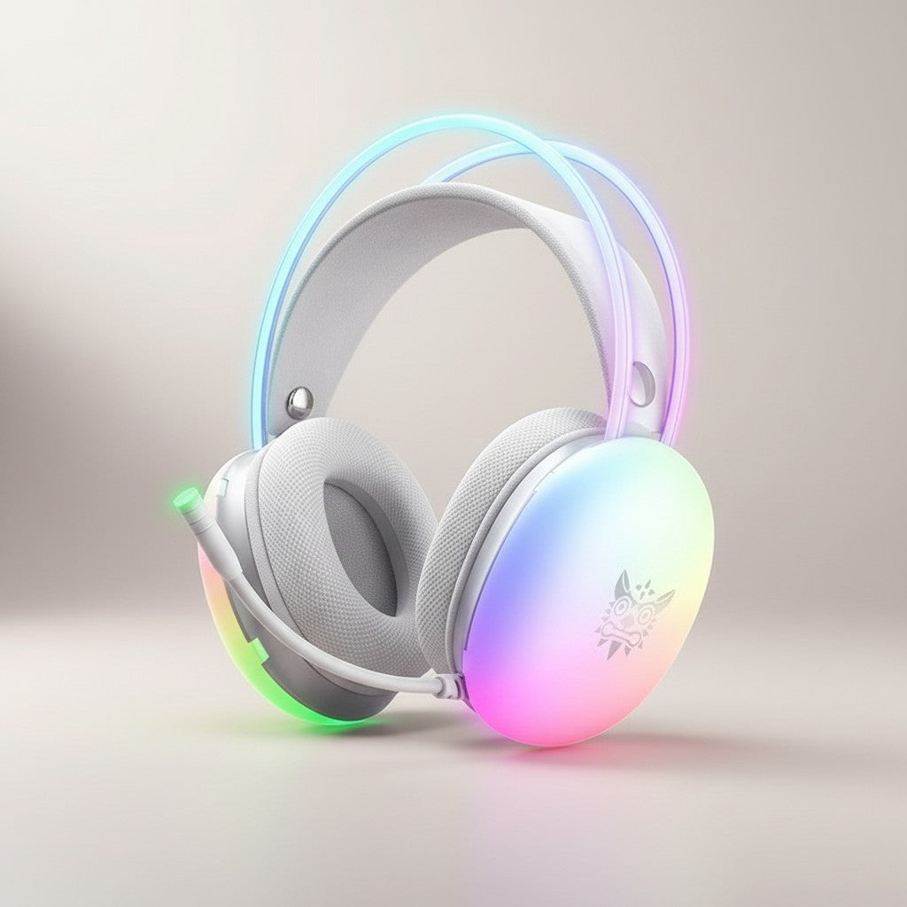 Frost Gaming RGB gaming headset with a built-in microphone and comfortable ear cushions, featuring colorful lighting.
