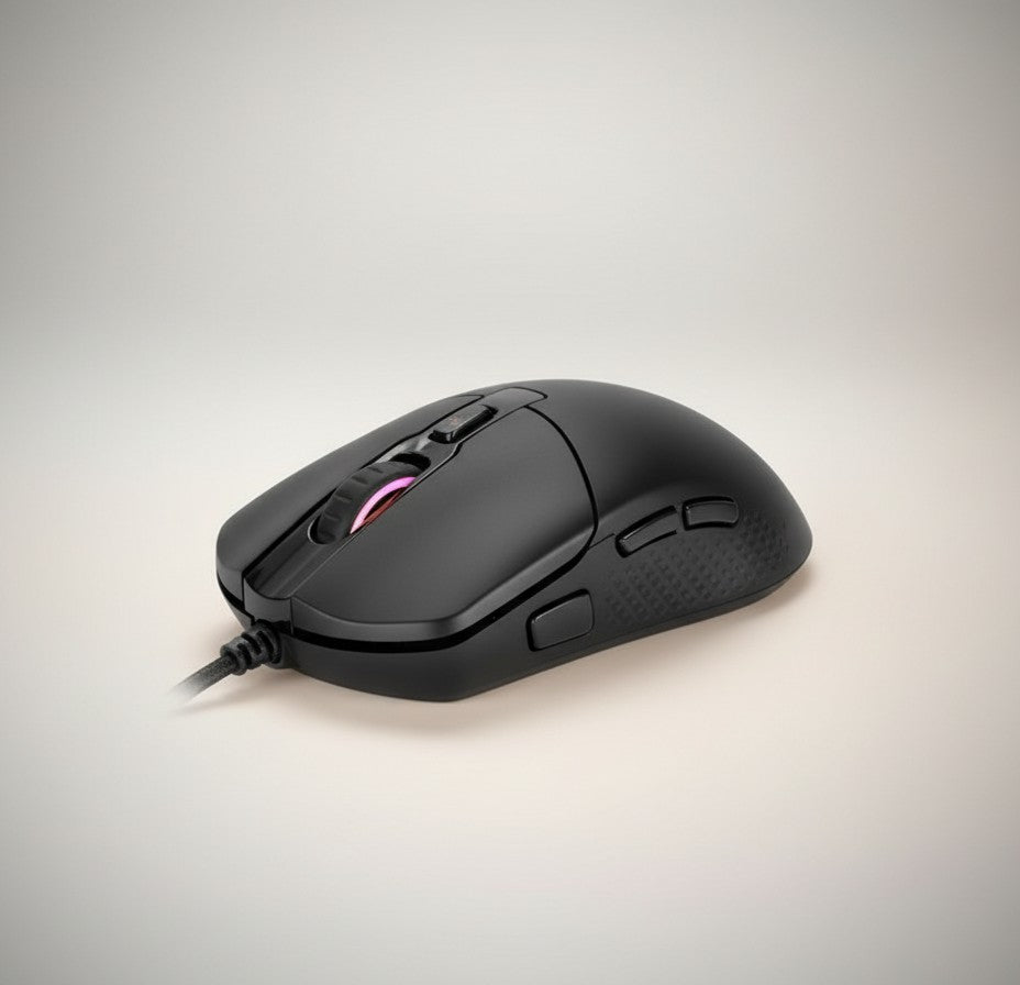 Frost Gaming black ergonomic RGB gaming mouse with 9 customizable buttons and textured grip.