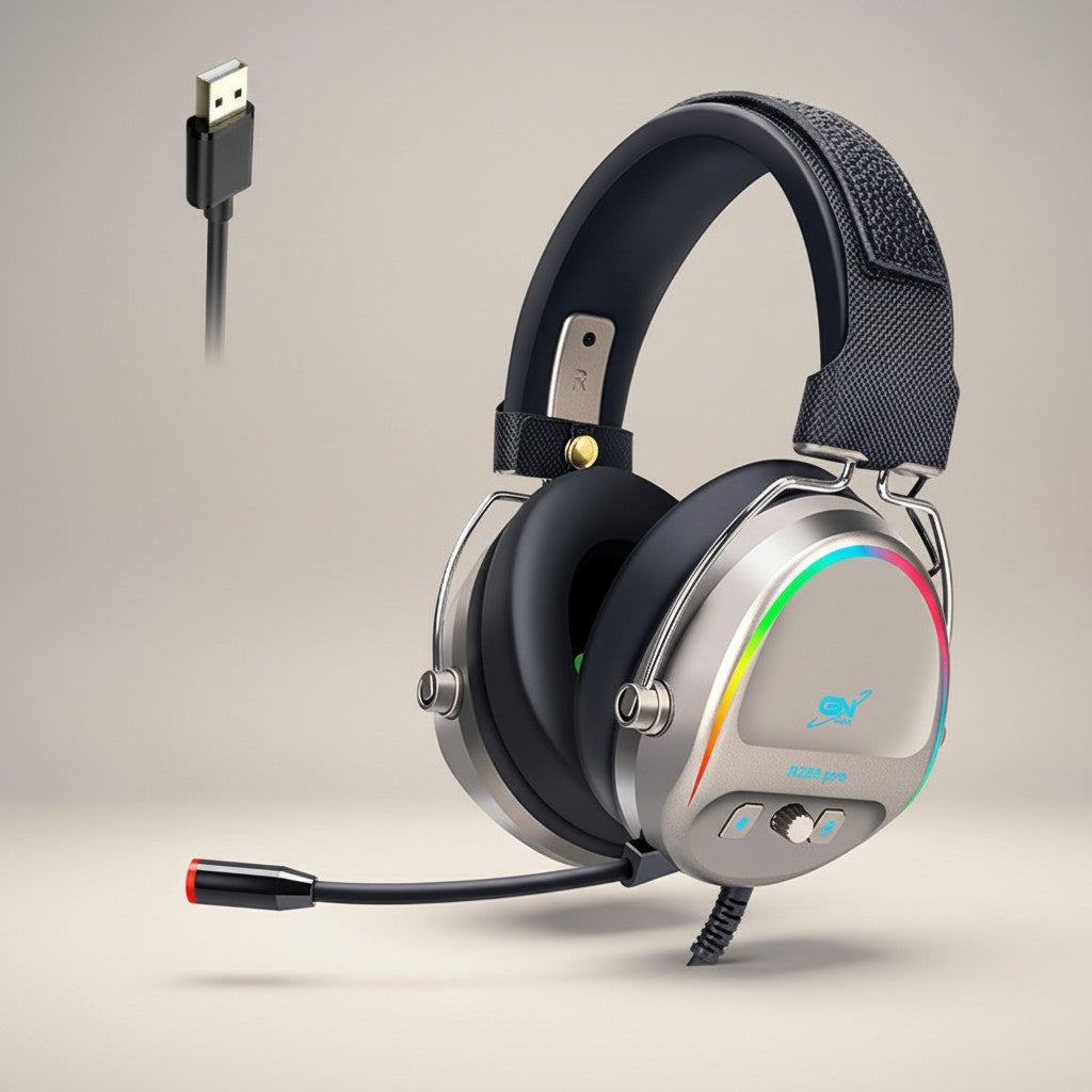 Frost Gaming silver wired gaming headset with RGB lighting and a flexible microphone.