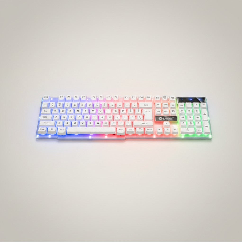 Frost Gaming TX35 mechanical-feel USB keyboard with white keys and customizable RGB backlighting.