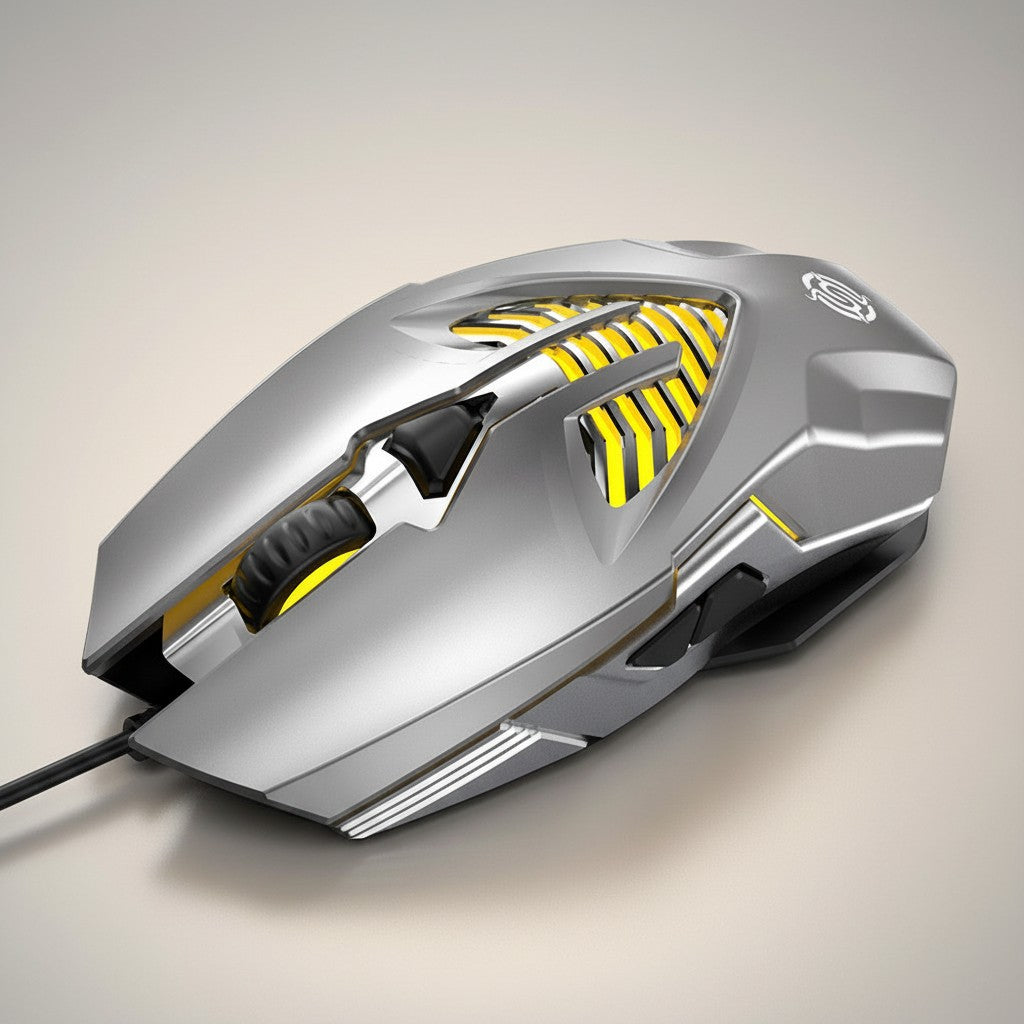 Frost Gaming silver wired gaming mouse with yellow accents and a textured scroll wheel.