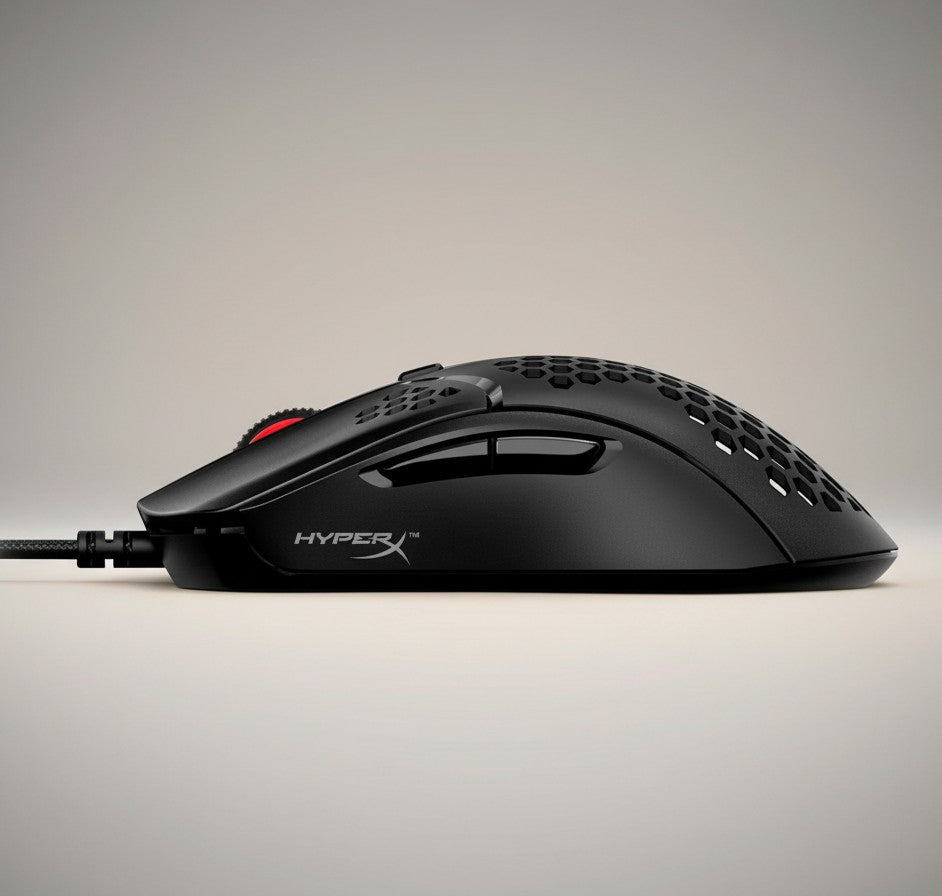 Frost Gaming black ergonomic wired USB gaming mouse with honeycomb shell and red scroll wheel.