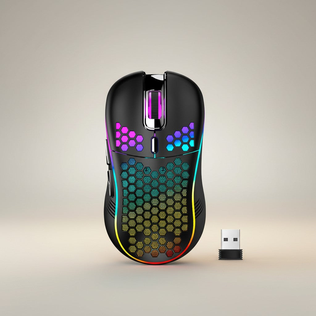 Frost Gaming wireless gaming mouse with perforated hollow shell, RGB lighting, and USB receiver. Black.