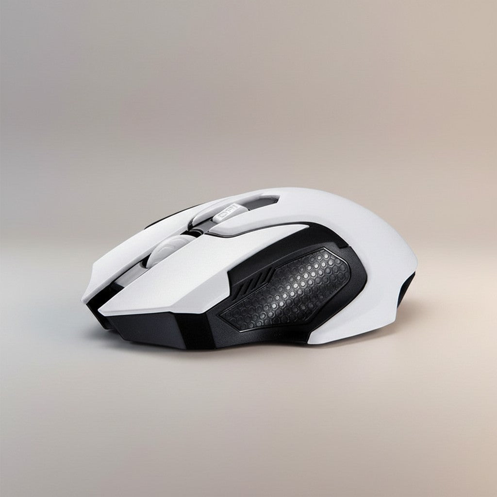 Frost Gaming wireless gaming mouse, white and blue porcelain design, with adjustable DPI and LED lights.